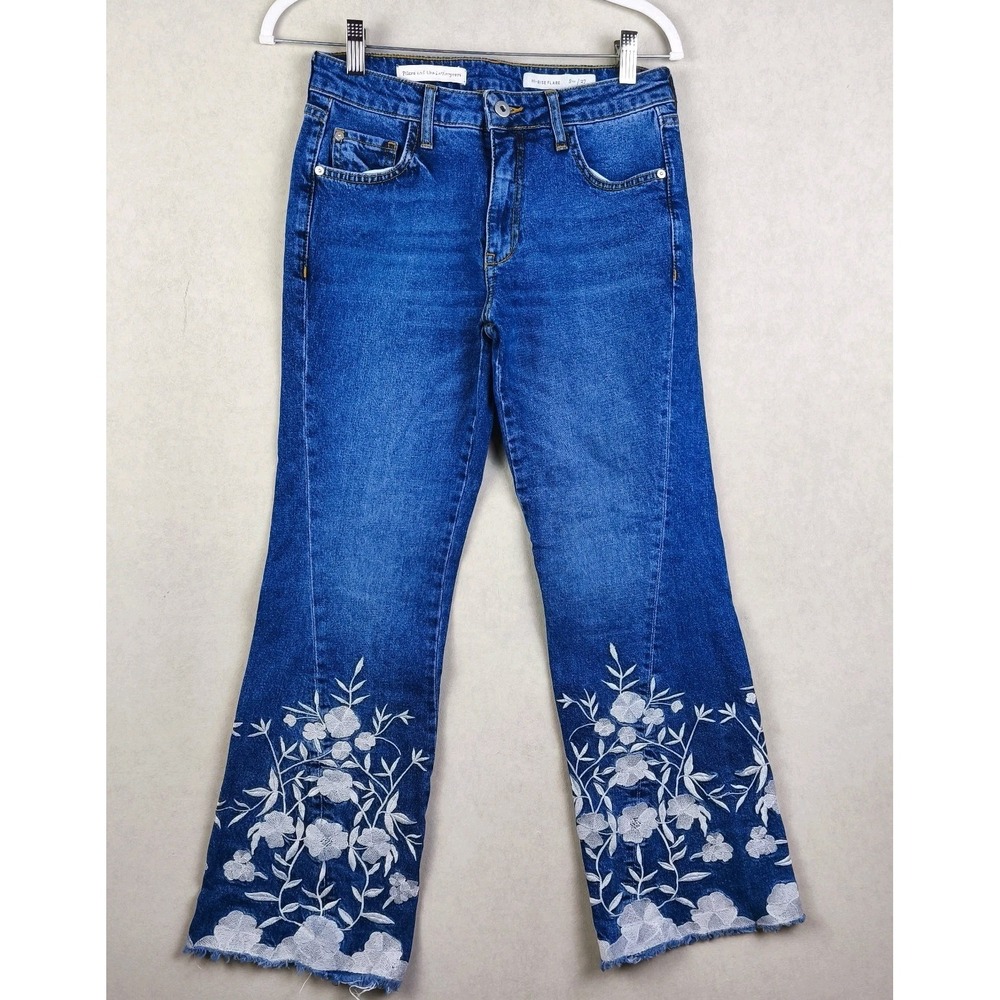 Pilcro Blue Denim Ankle Jeans with White Floral Embroidery